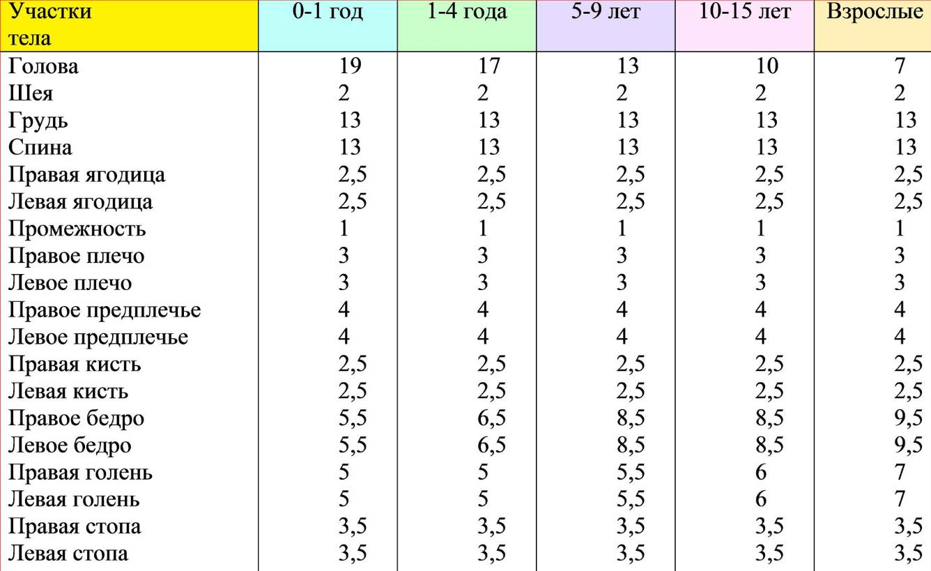 площадь ожога у детей